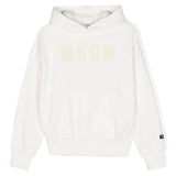 Felpa con Cappuccio MSGM Kids Bianco Crema | Effetto Vissuto | Stampa Logo Frontale | Tasca Marsupio