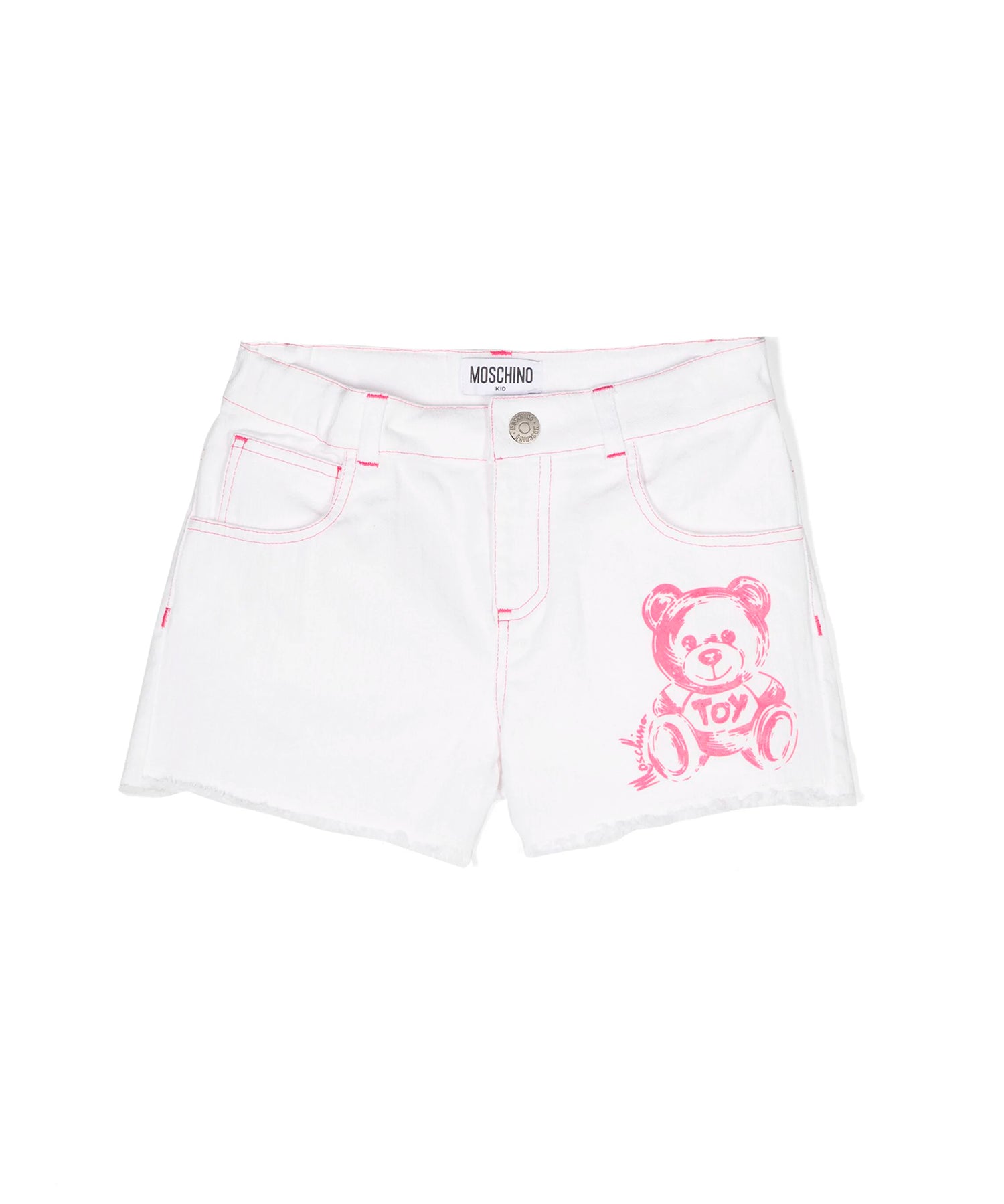 Moschino Kids Short di Jeans Bianco con Stampa Teddy Bear