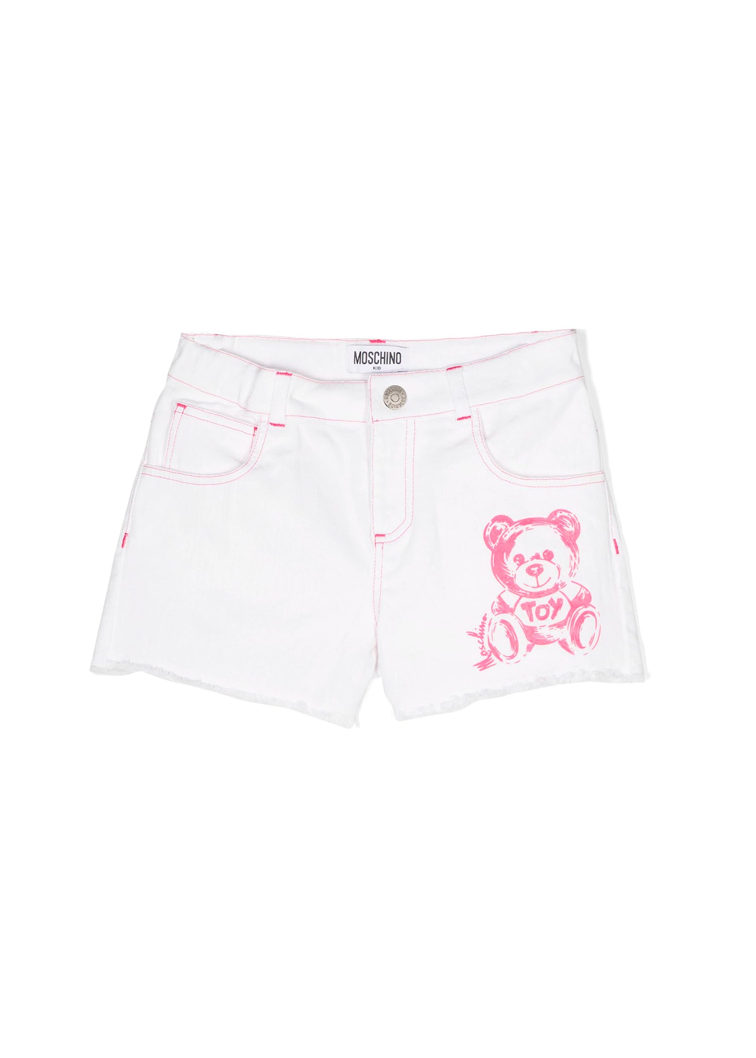 Moschino Kids Short di Jeans Bianco con Stampa Teddy Bear