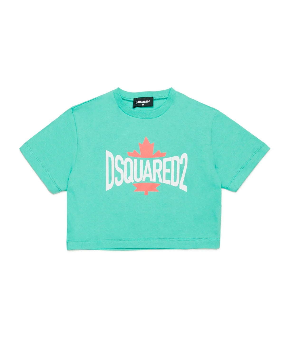 Dsquared2 Kids T-shirt Verde Acqua Cropped con Logo Grafica Leaf