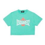 Dsquared2 Kids T-shirt Verde Acqua Cropped con Logo Grafica Leaf