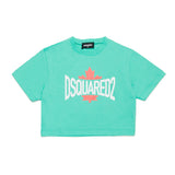 Dsquared2 Kids T-shirt Verde Acqua Cropped con Logo Grafica Leaf