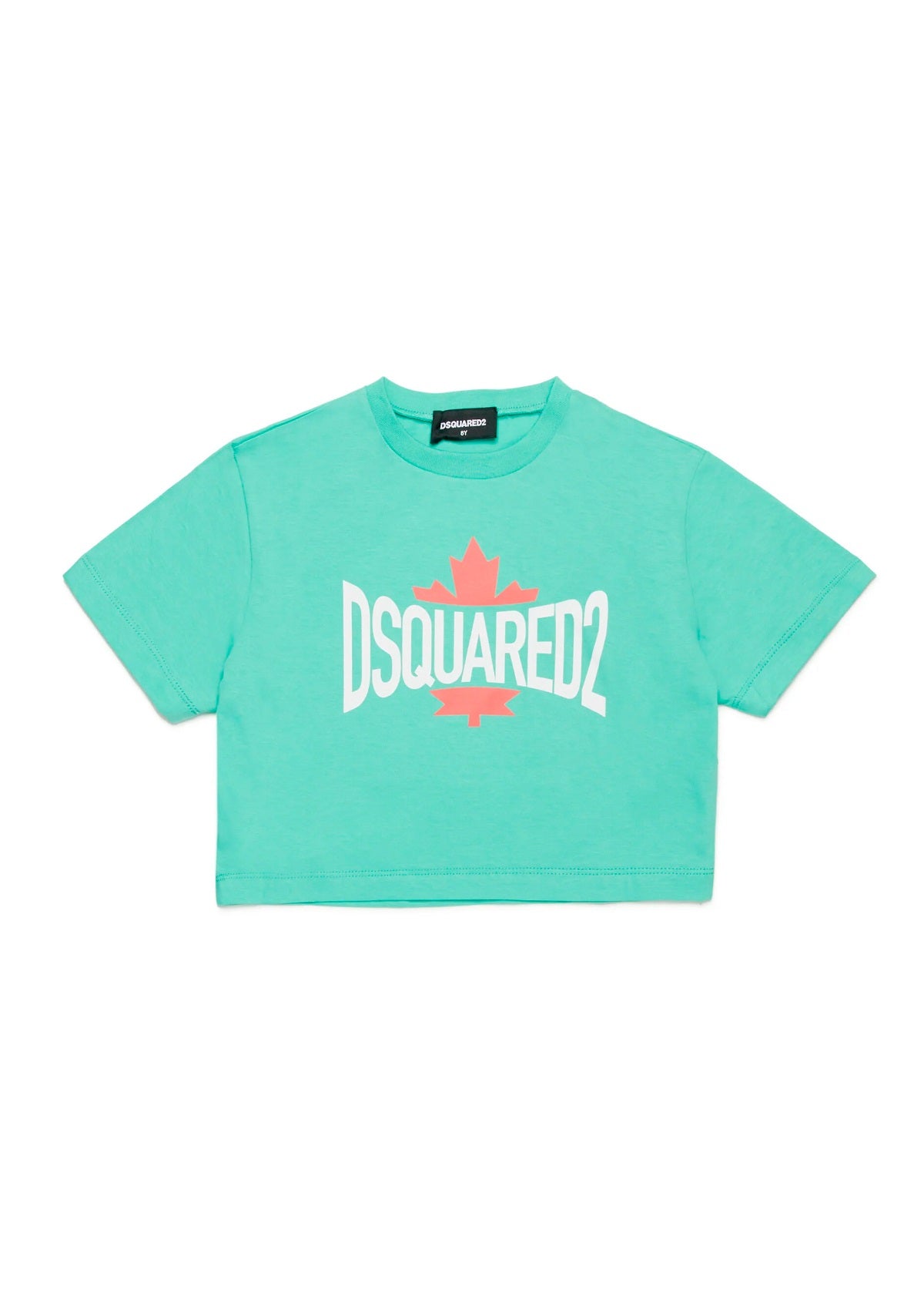 Dsquared2 Kids T-shirt Verde Acqua Cropped con Logo Grafica Leaf