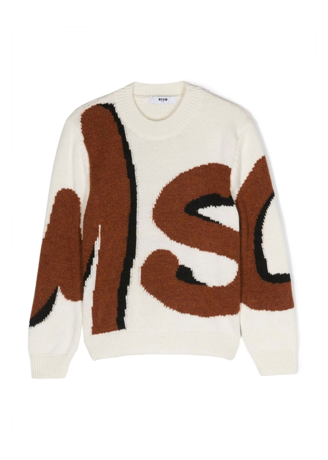Maglione MSGM Kids a Intarsio con Logo - Bianco/Nero/Cognac