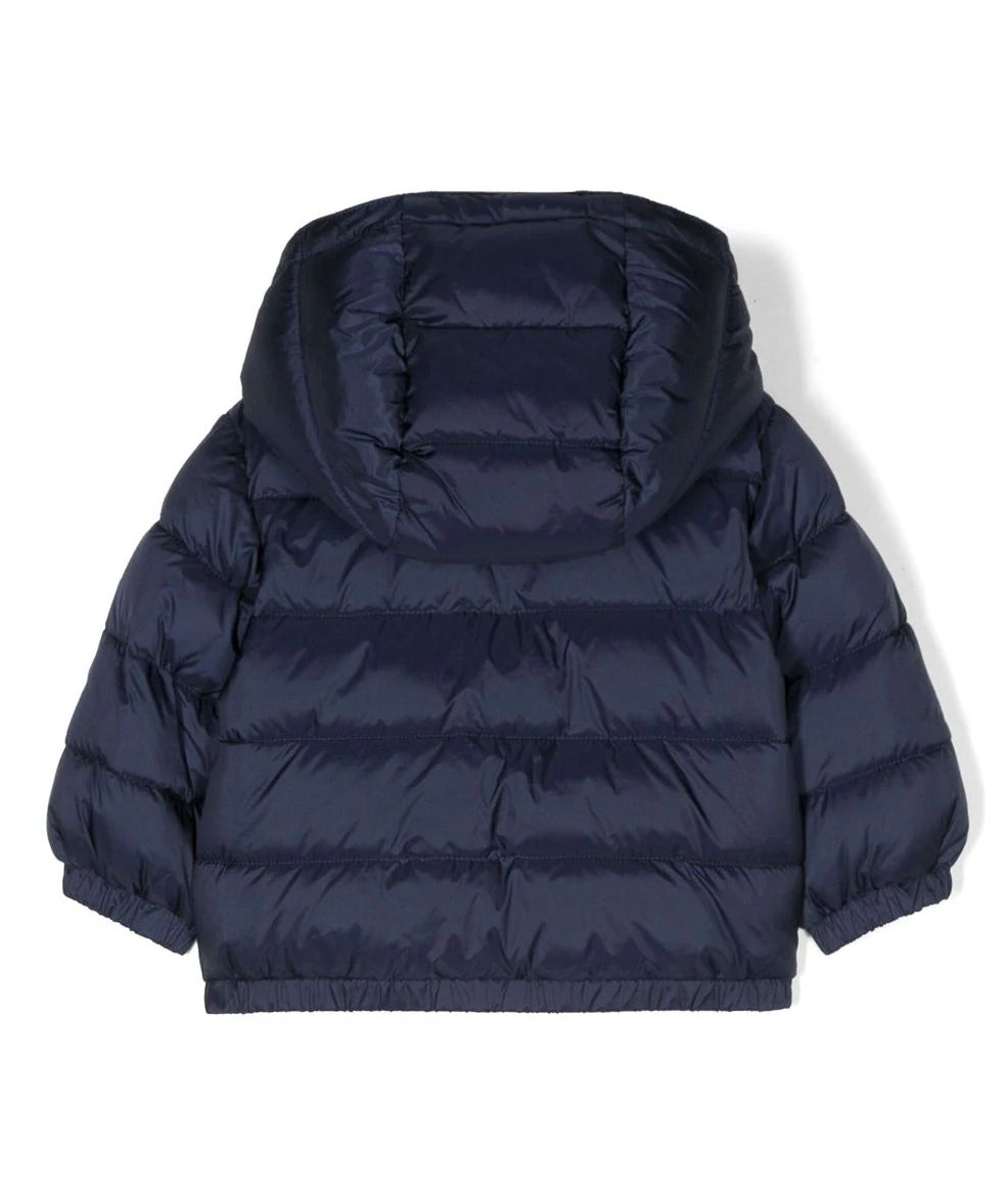 Piumino con Cappuccio Moschino Kids Blu Notte: Calore e Stile per i Neonati