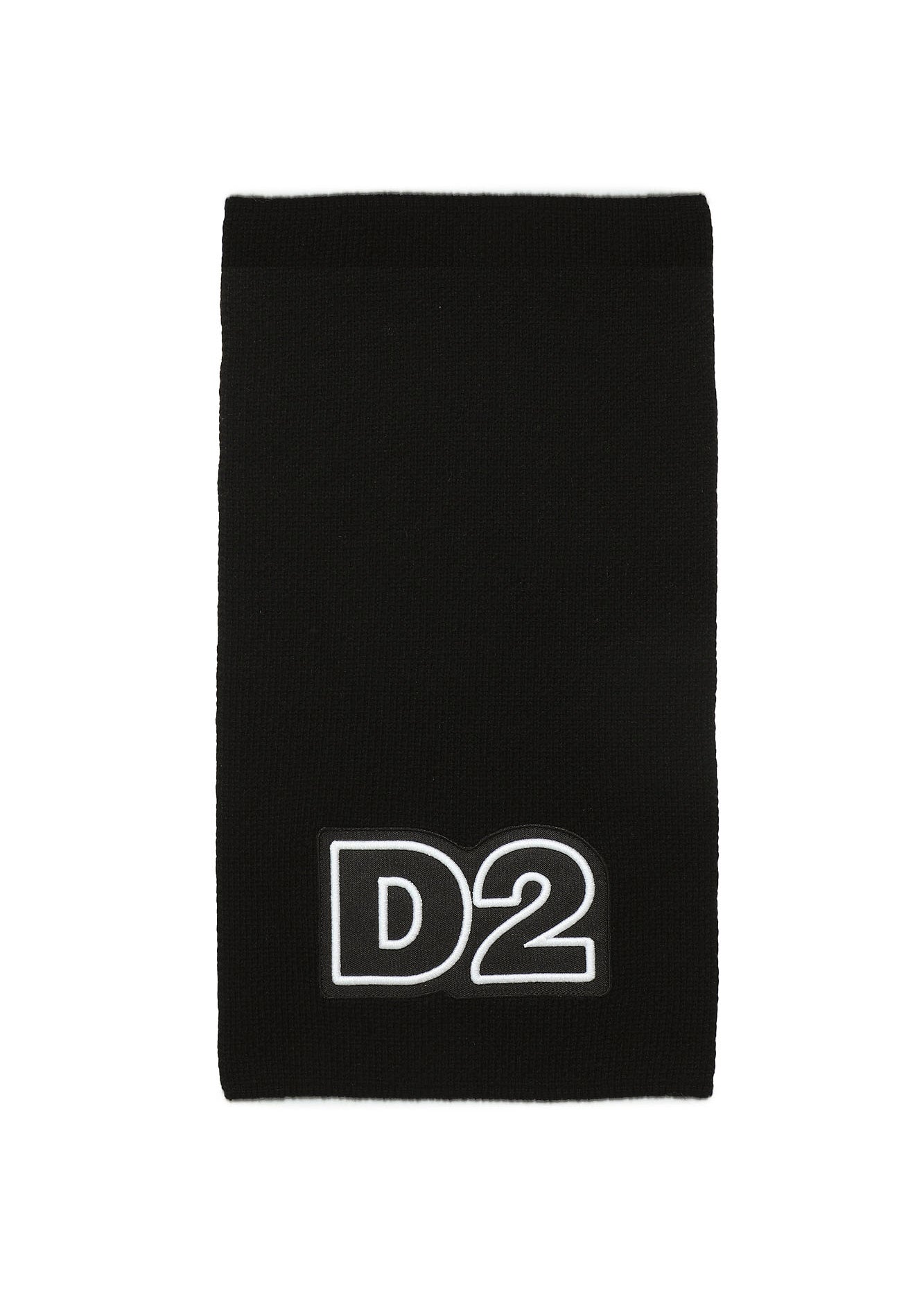 Sciarpa DSquared2 Kids in Misto Lana con Lavorazione a Costine e Applicazione Logo D2 | Colore Nero | Taglia I: 21x160cm, Taglia II: 25x180cm