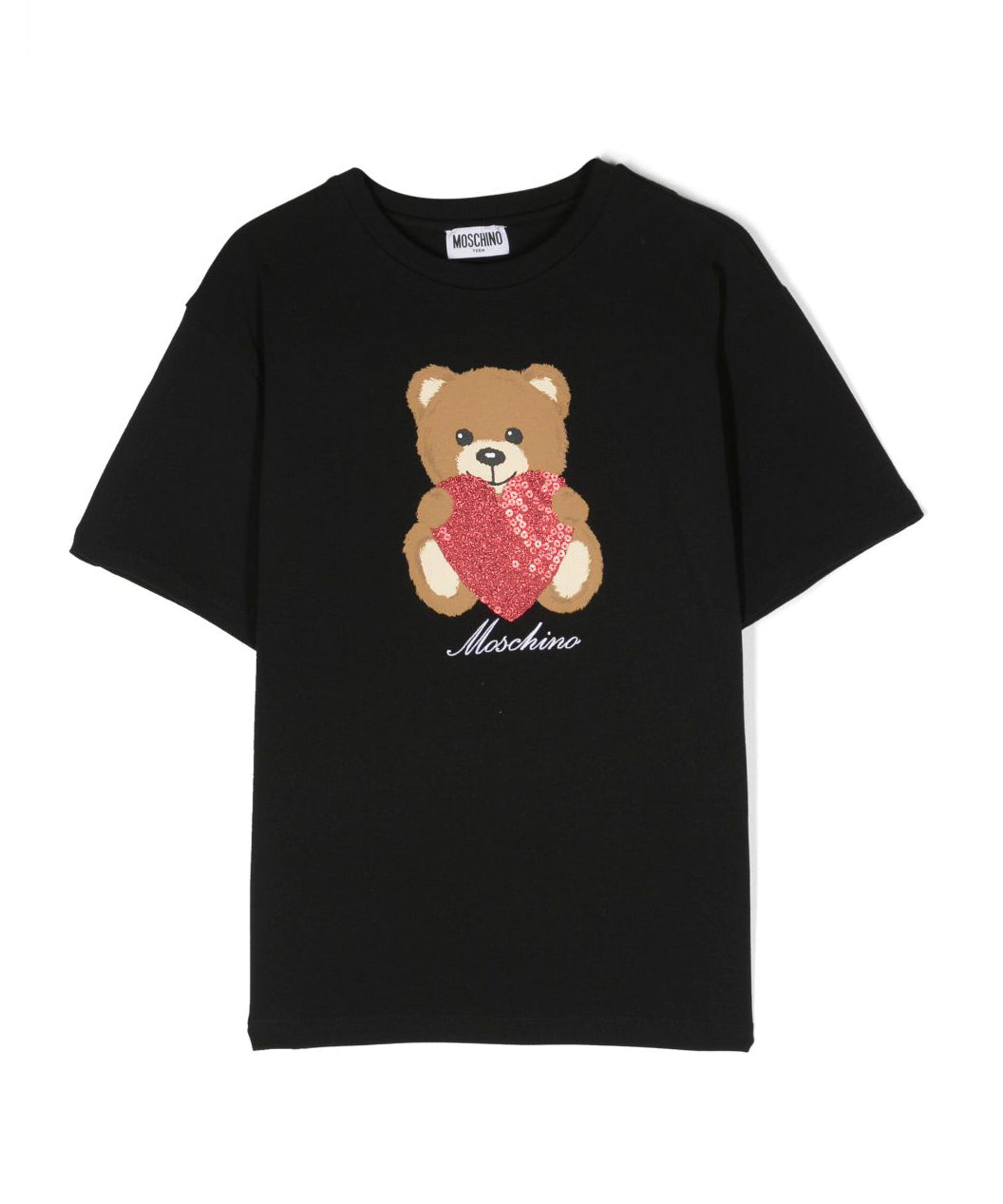 T-shirt Moschino Kids Nera con Teddy Bear Cuore e Paillettes: Stile e Brillantezza per i Piccoli Fashionista