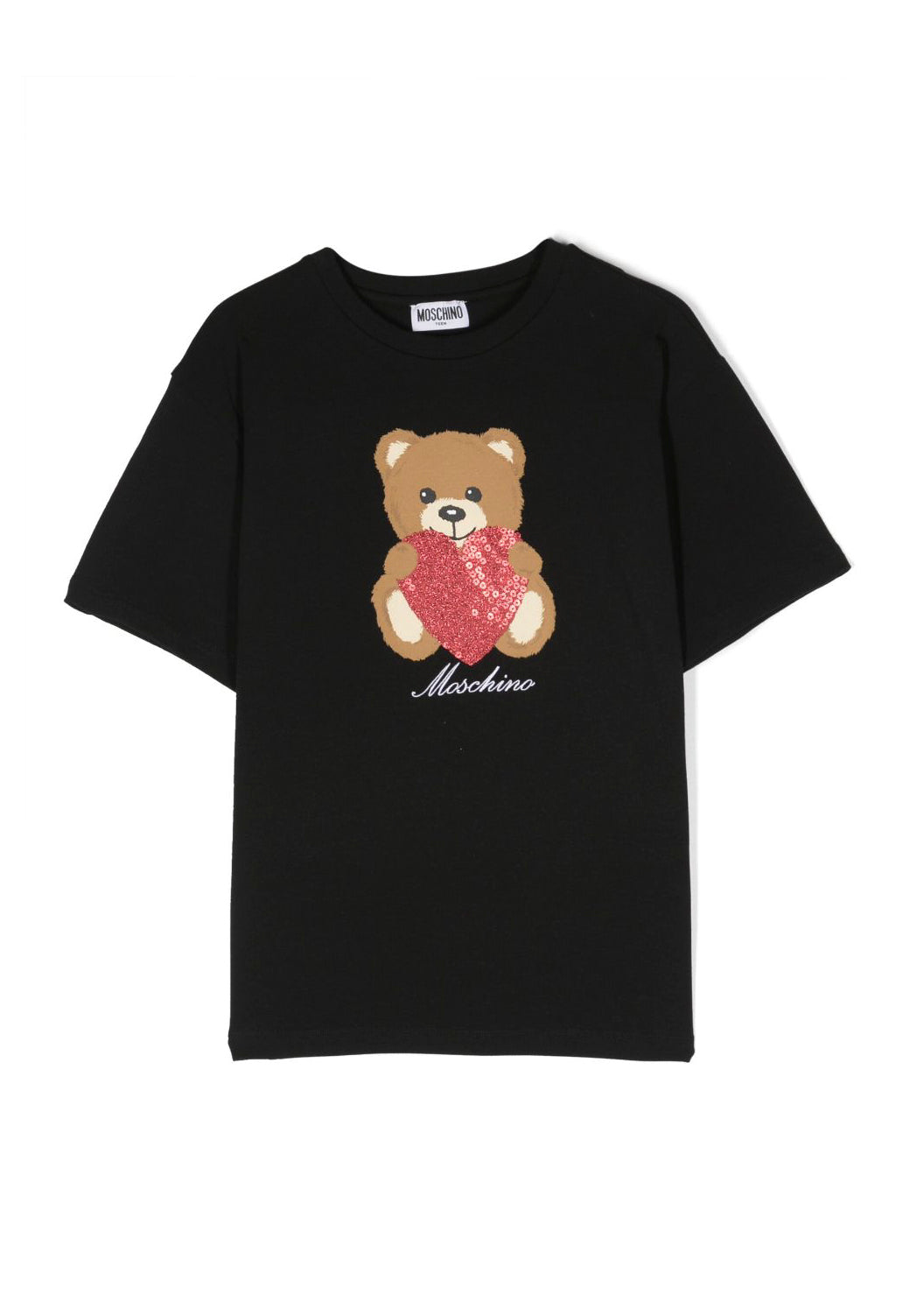 T-shirt Moschino Kids Nera con Teddy Bear Cuore e Paillettes: Stile e Brillantezza per i Piccoli Fashionista