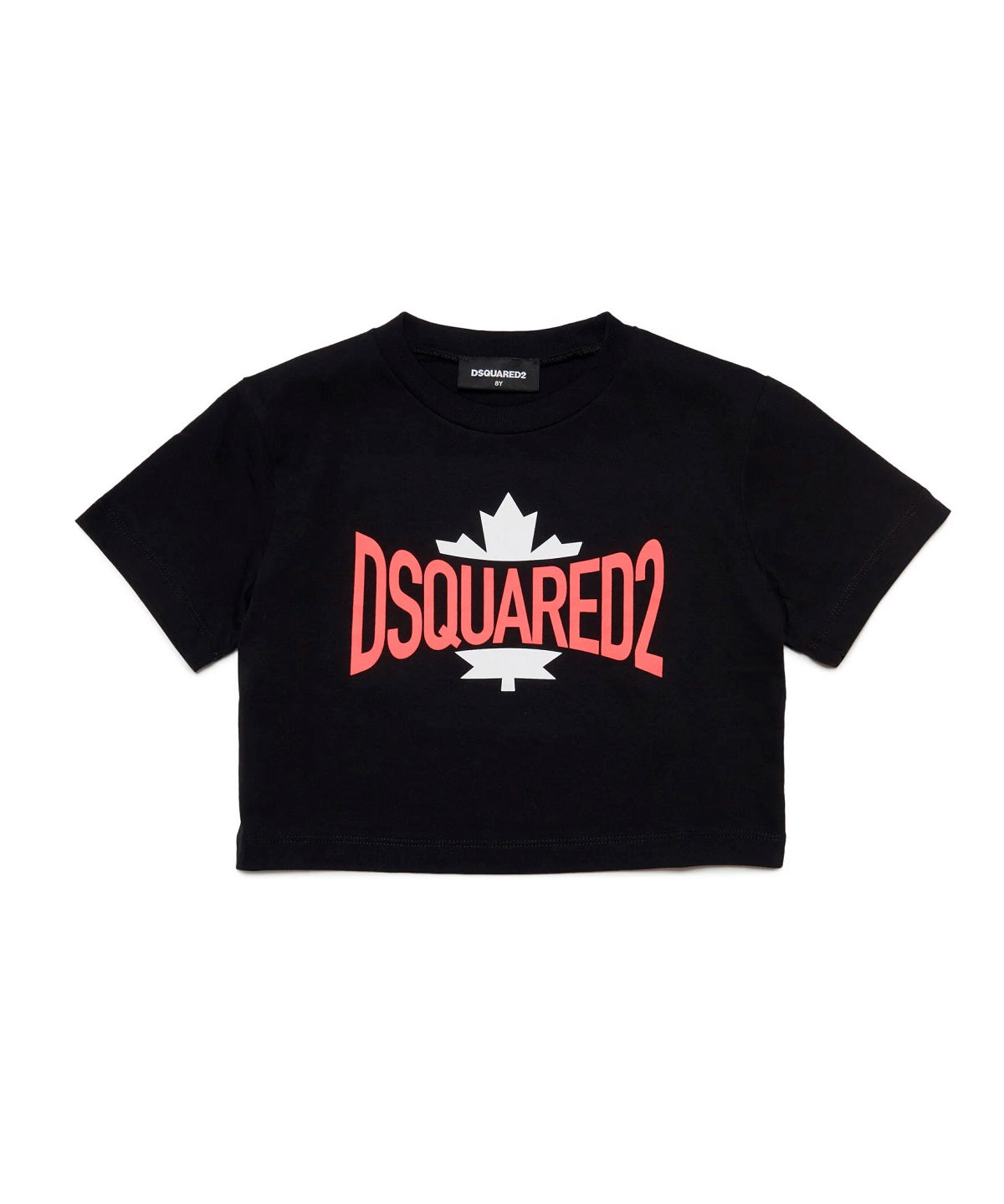 Dsquared2 Kids T-shirt Nera Cropped con Logo Grafica Leaf