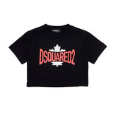 Dsquared2 Kids T-shirt Nera Cropped con Logo Grafica Leaf