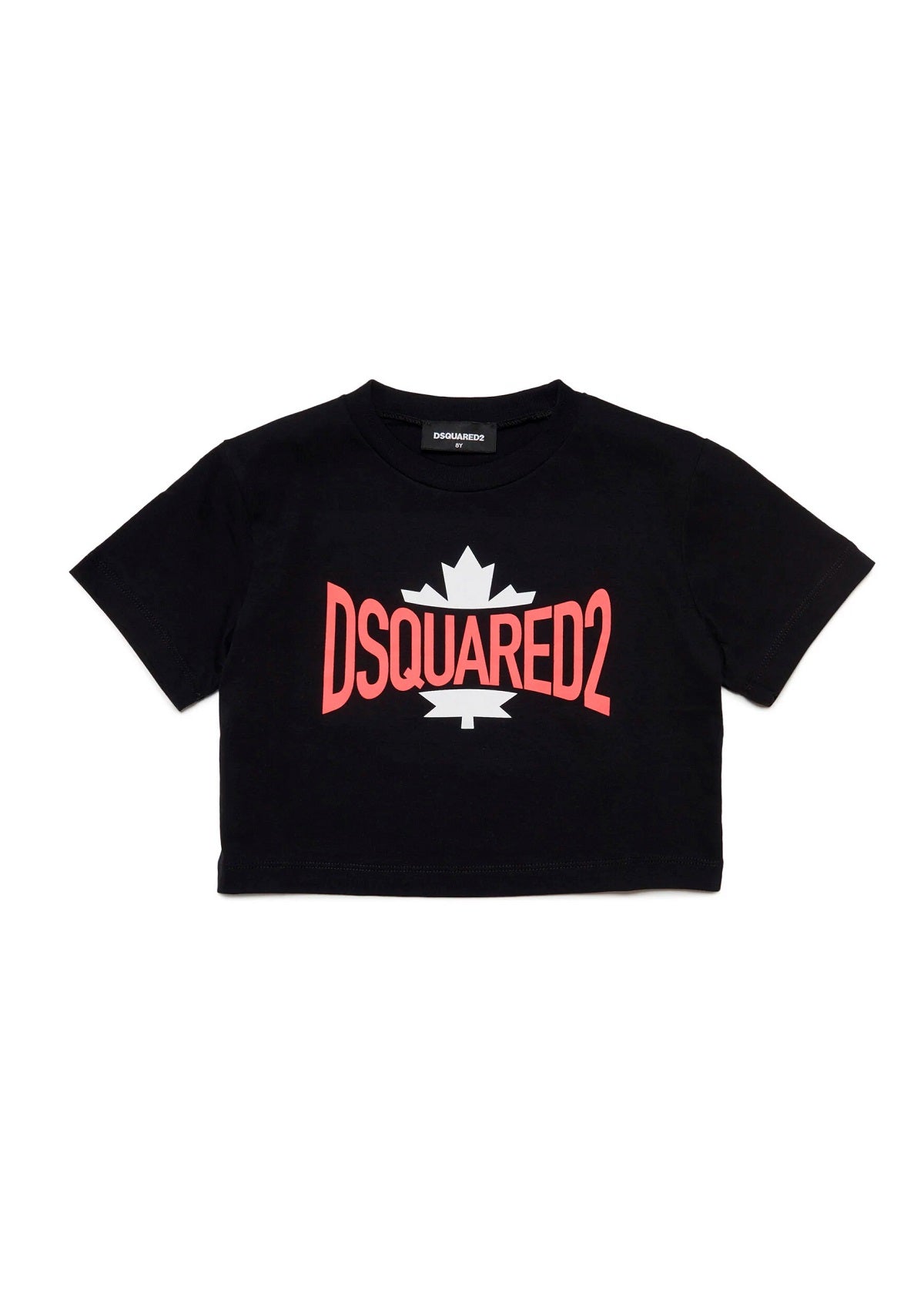 Dsquared2 Kids T-shirt Nera Cropped con Logo Grafica Leaf
