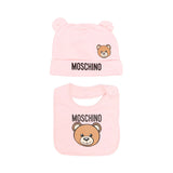 Moschino Kids Pink Hat and Bib Set with Teddy Bear Motif