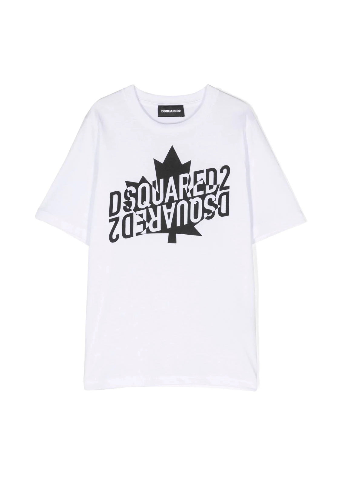 T-shirt Girocollo DSquared2 Kids Bianca con Stampa Foglia d'Acero e Logo Specchiato | Vestibilità Slouch Fit"