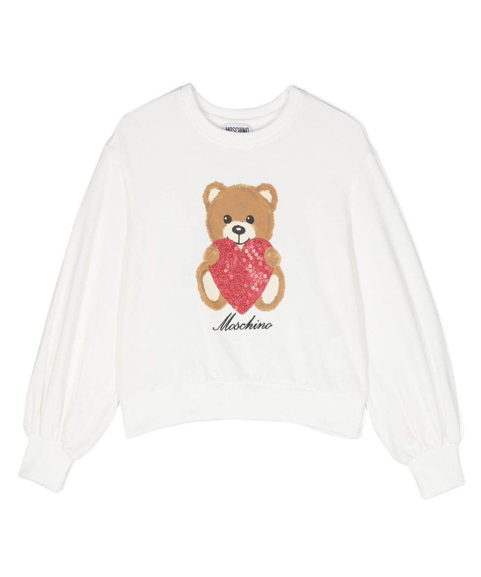 Felpa Moschino Kids Bianca con Teddy Bear e Paillettes: Magia e Stile per le Piccole Fashion Icon