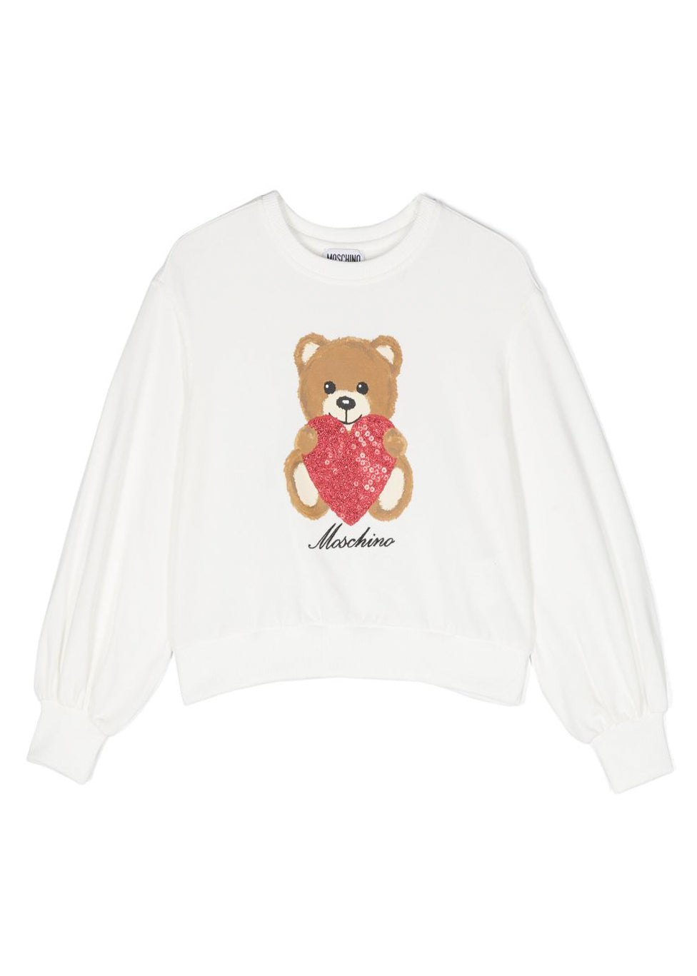 Felpa Moschino Kids Bianca con Teddy Bear e Paillettes: Magia e Stile per le Piccole Fashion Icon