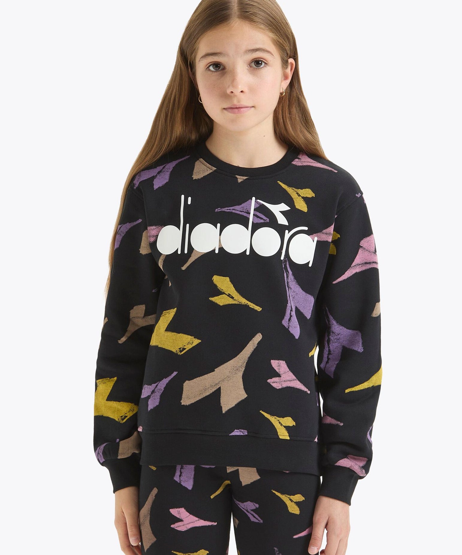 Felpa Nera Diadora per Bambini con Logo Multicolor Stampato All Over