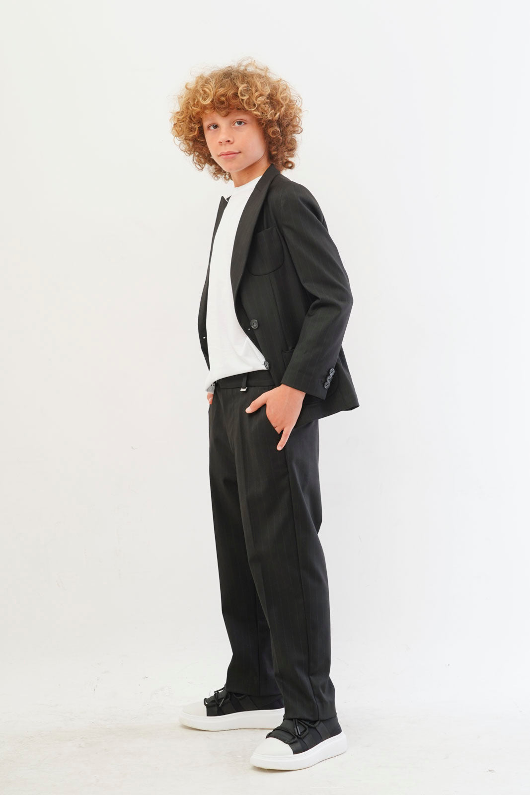 I'm Brian Black Double Breasted Blazer with Chalk Stripes