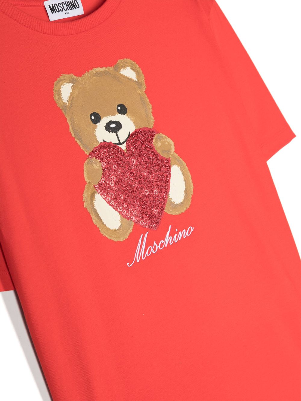 Moschino Kids T-shirt Rossa con Teddy Bear Cuore Pailettes