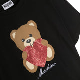Moschino Kids Black T-shirt with Teddy Bear Heart Sequins