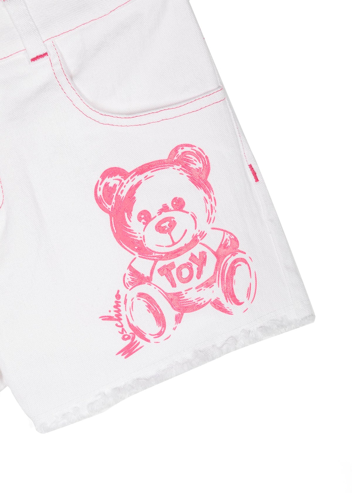 Moschino Kids Short di Jeans Bianco con Stampa Teddy Bear