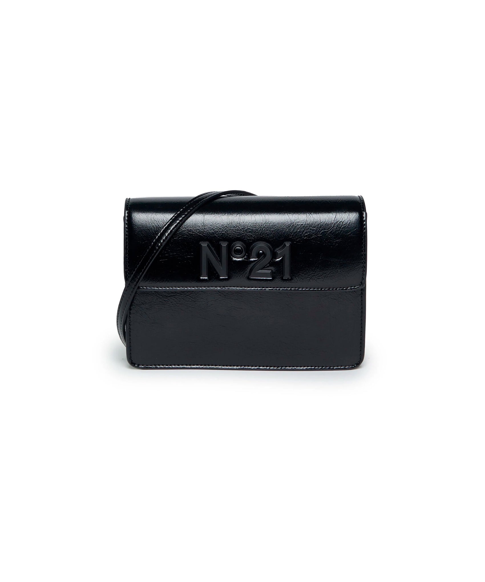 N°21 Kids Borsa a Spalla Nera con Placca Logo in Finta Pelle