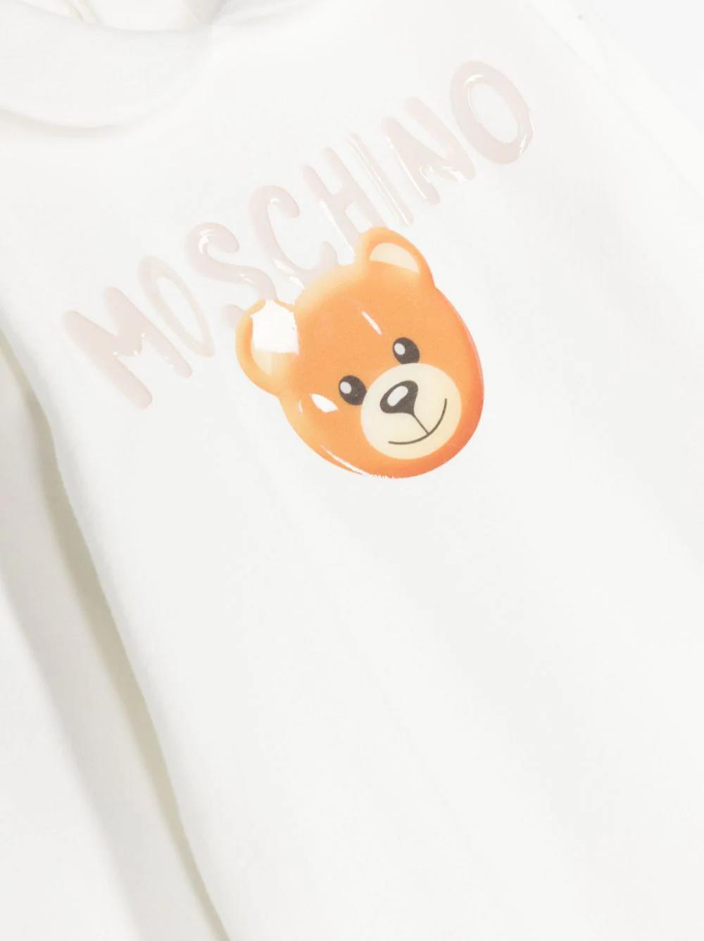 Moschino Kids Tutina Bianca con Logo Teddy Bear Goffrato