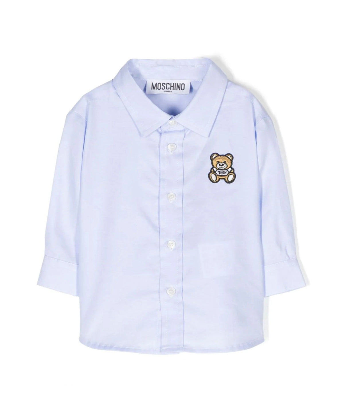 Camicia Moschino Kids Celeste con Teddy Bear: Eleganza e Giocosità per il Tuo Piccolo