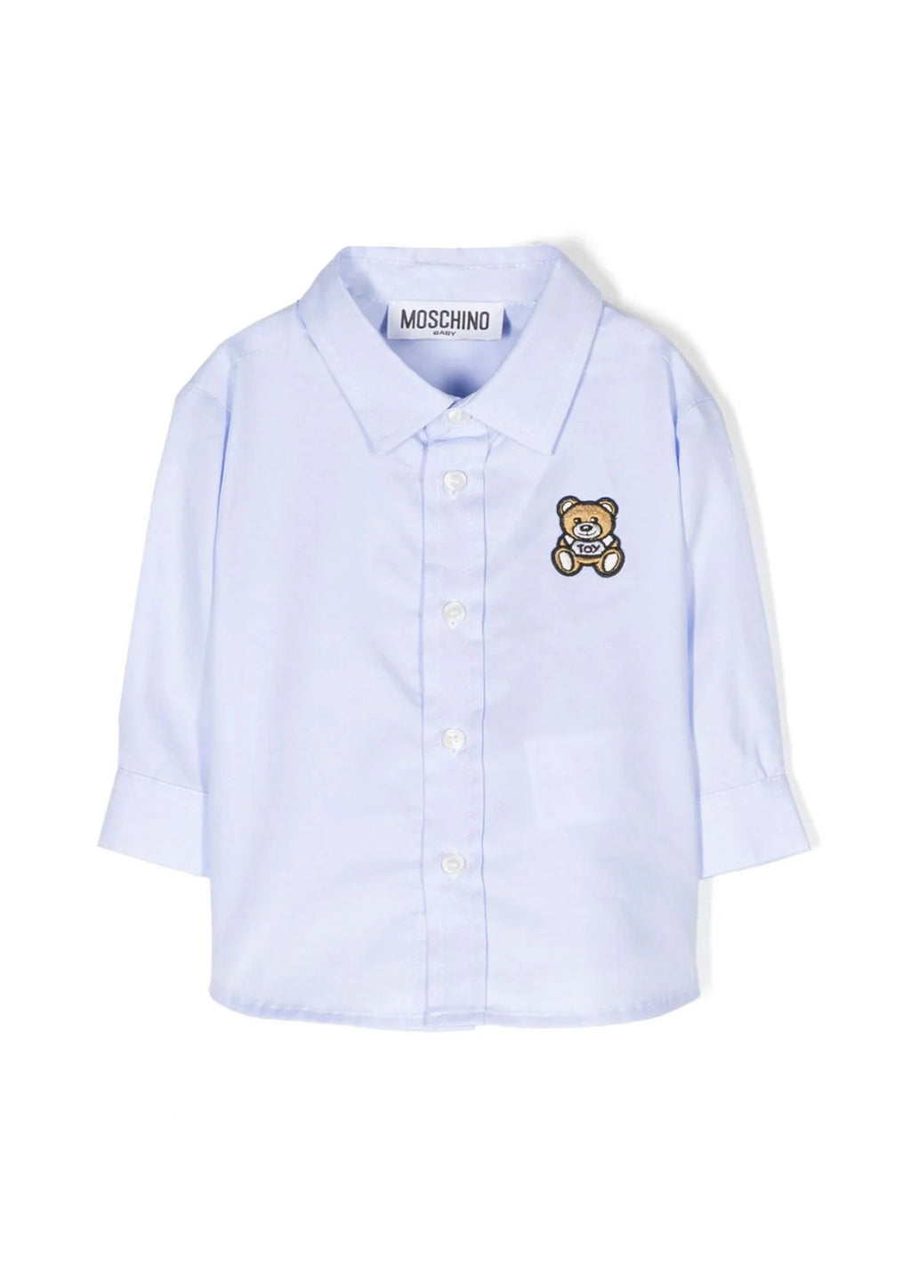 Camicia Moschino Kids Celeste con Teddy Bear: Eleganza e Giocosità per il Tuo Piccolo