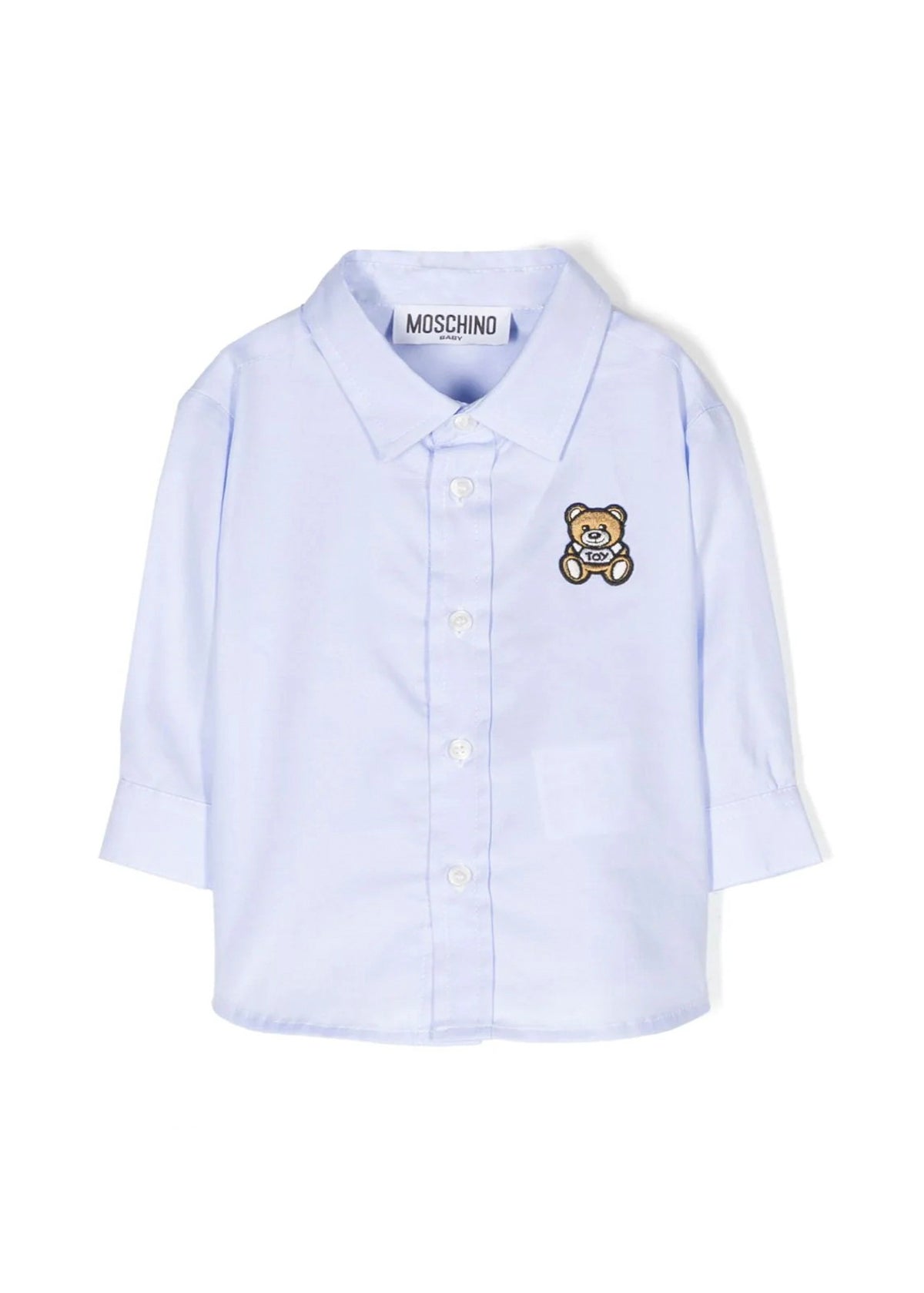 Camicia Moschino Kids Celeste con Teddy Bear: Eleganza e Giocosità per il Tuo Piccolo