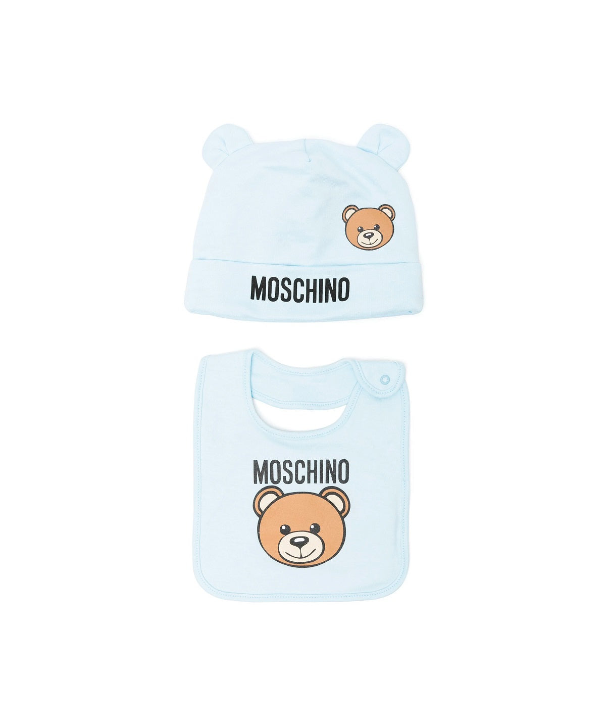 Moschino Kids Set Berretto e Bavaglino Celeste con Motivo Teddy Bear