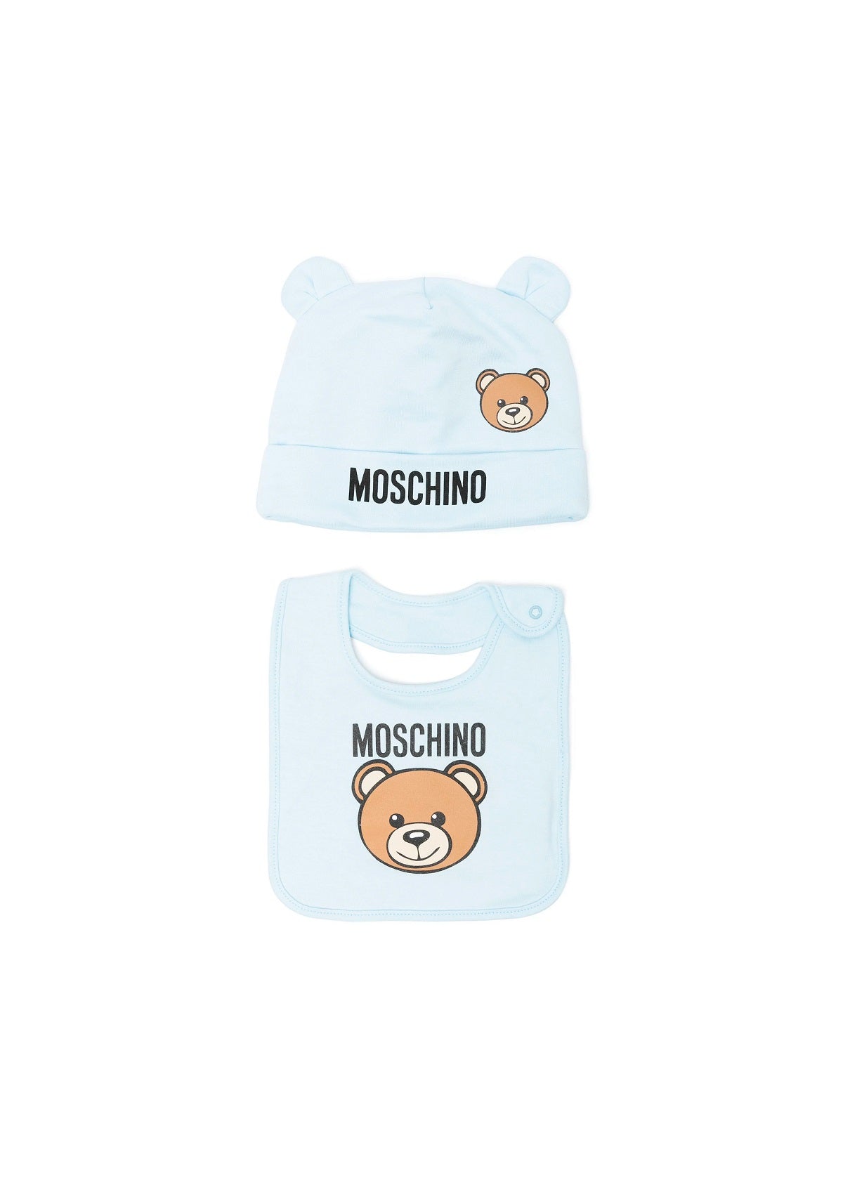 Moschino Kids Set Berretto e Bavaglino Celeste con Motivo Teddy Bear