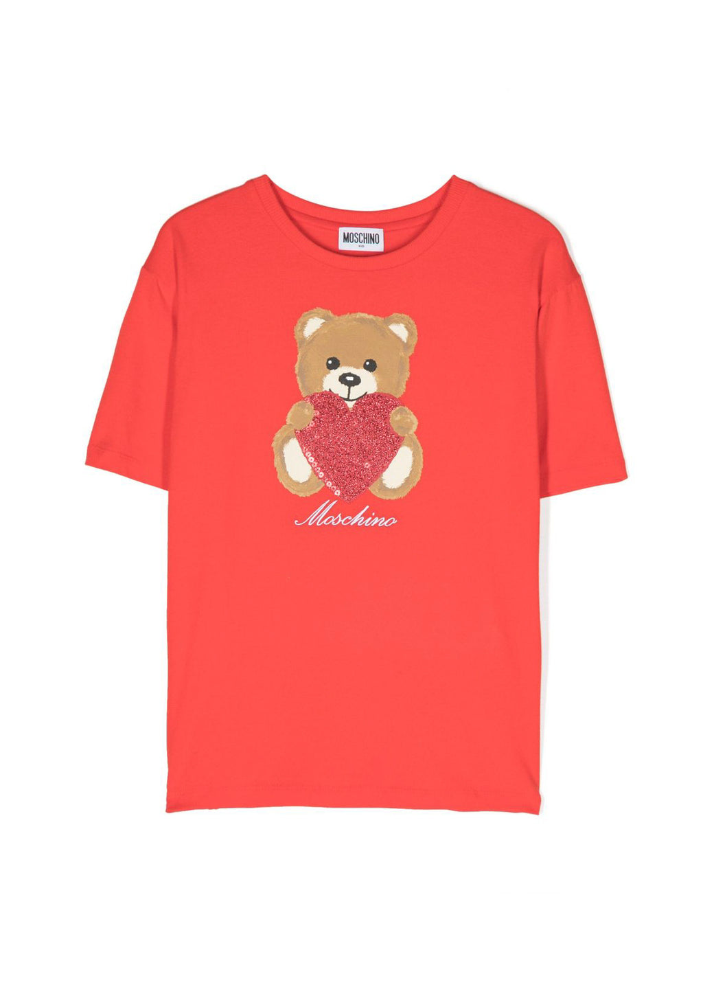 Moschino Kids Red T-shirt with Teddy Bear Heart Sequins
