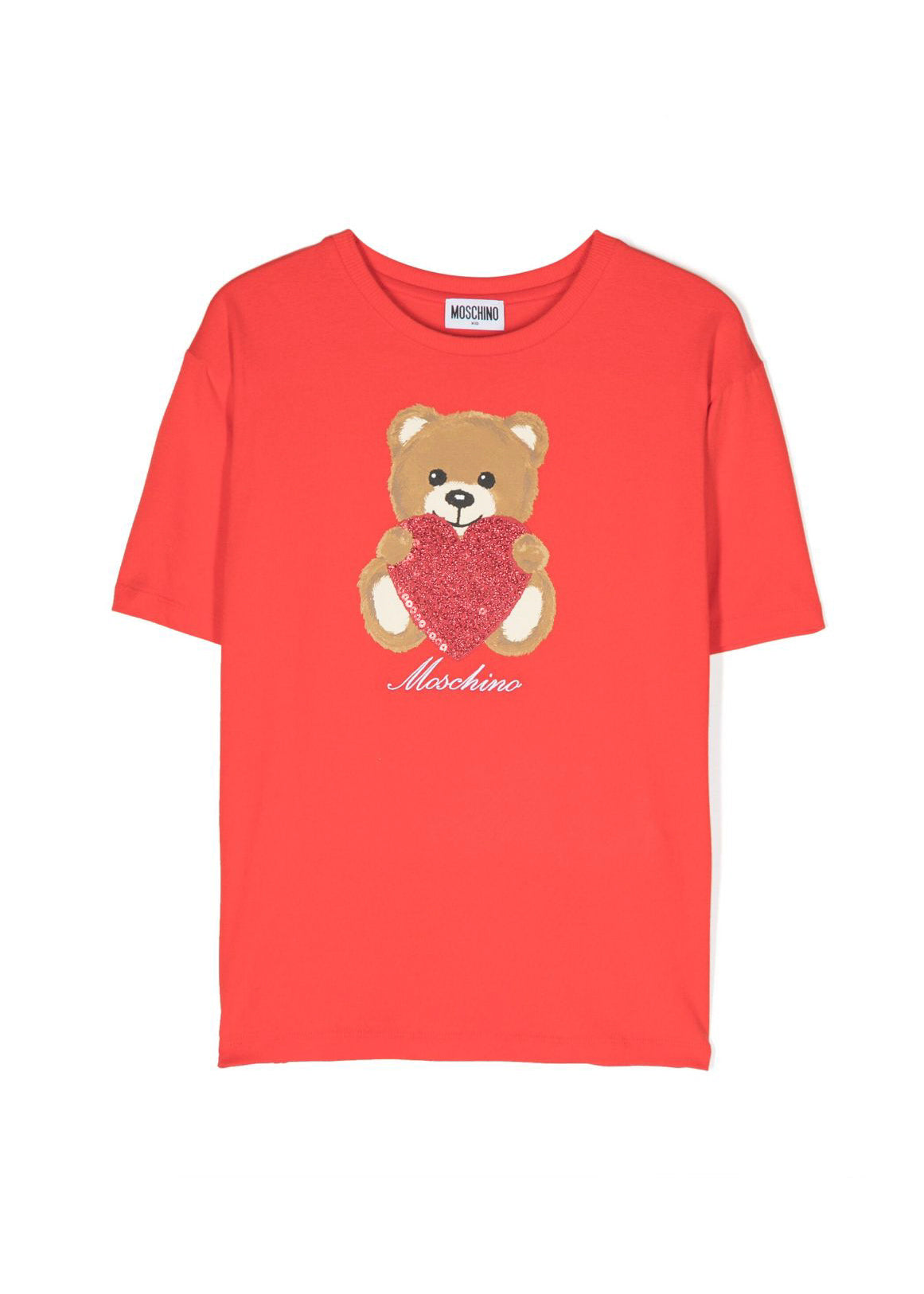 Moschino Kids Red T-shirt with Teddy Bear Heart Sequins