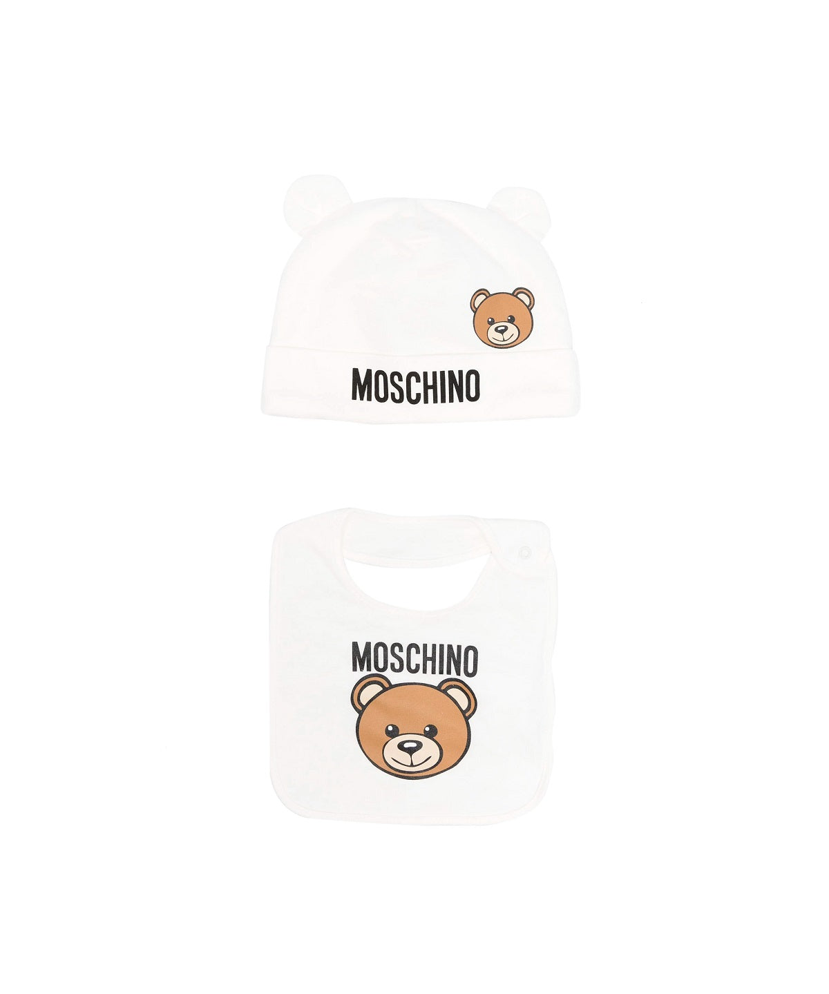 Moschino Kids Set Berretto e Bavaglino Panna com Motivo Teddy Bear