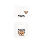 Moschino Kids Set Berretto e Bavaglino Panna com Motivo Teddy Bear