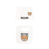 Moschino Kids Set Berretto e Bavaglino Panna com Motivo Teddy Bear