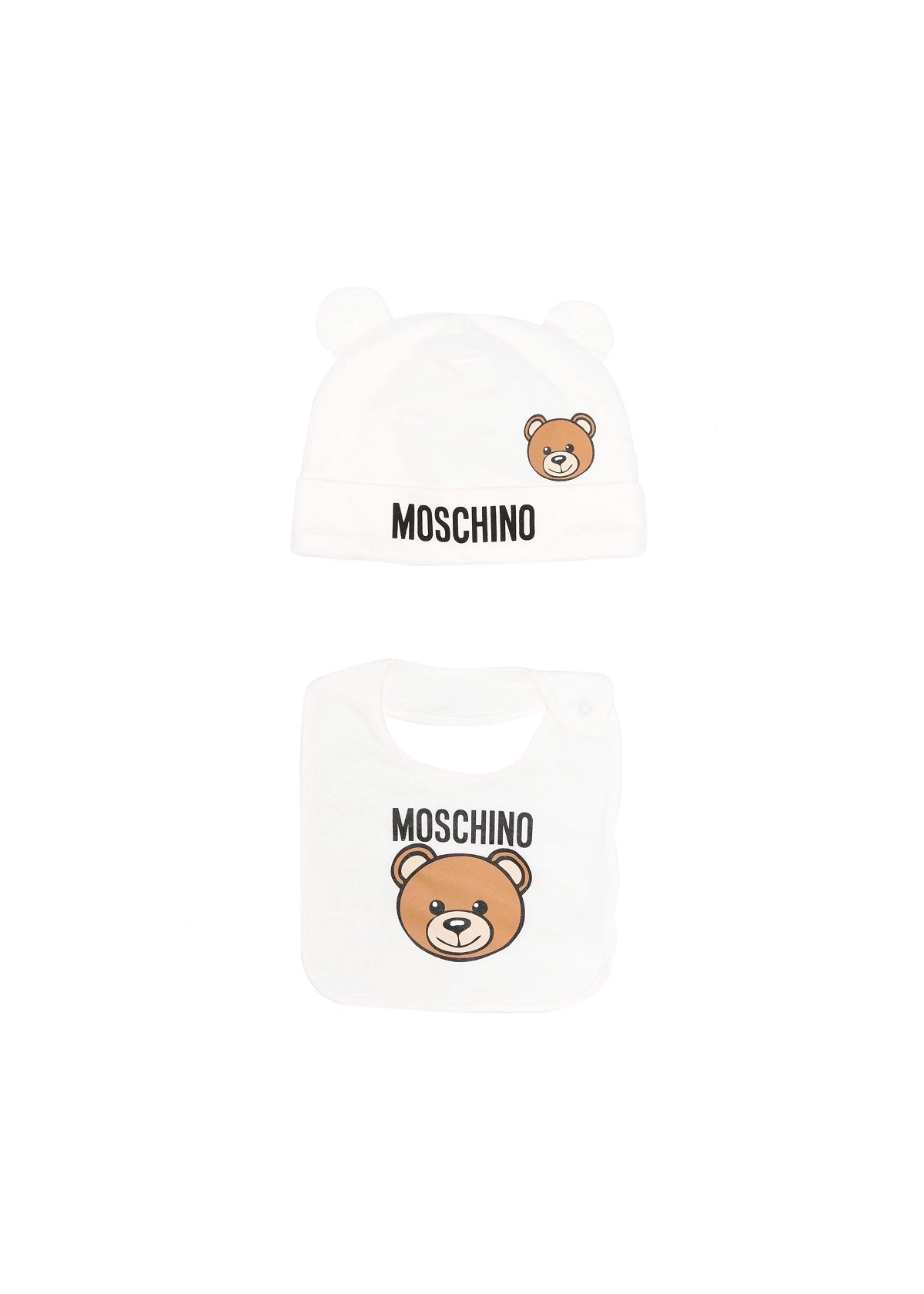 Moschino Kids Set Berretto e Bavaglino Panna com Motivo Teddy Bear