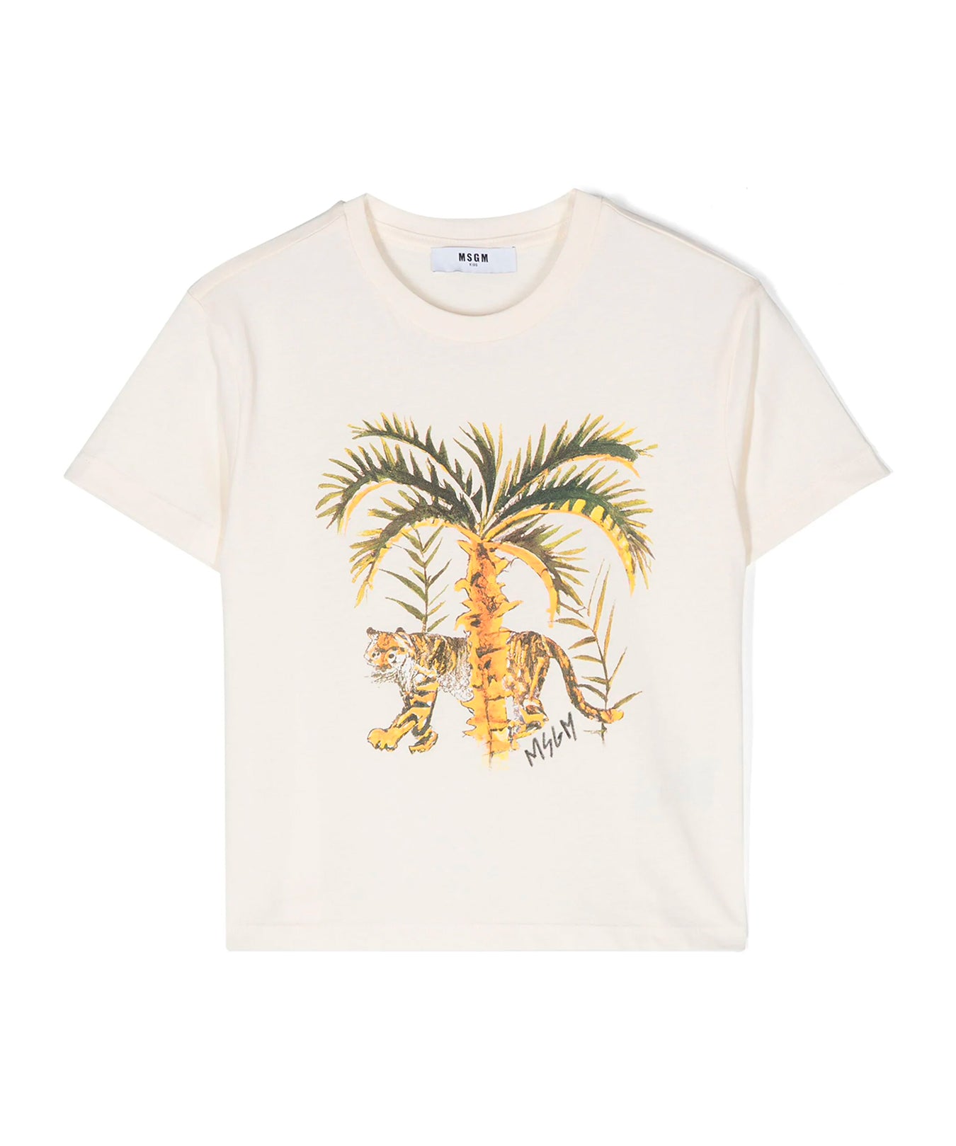 MSGM Kids T-Shirt Crema con Stampa Palme per Bambini