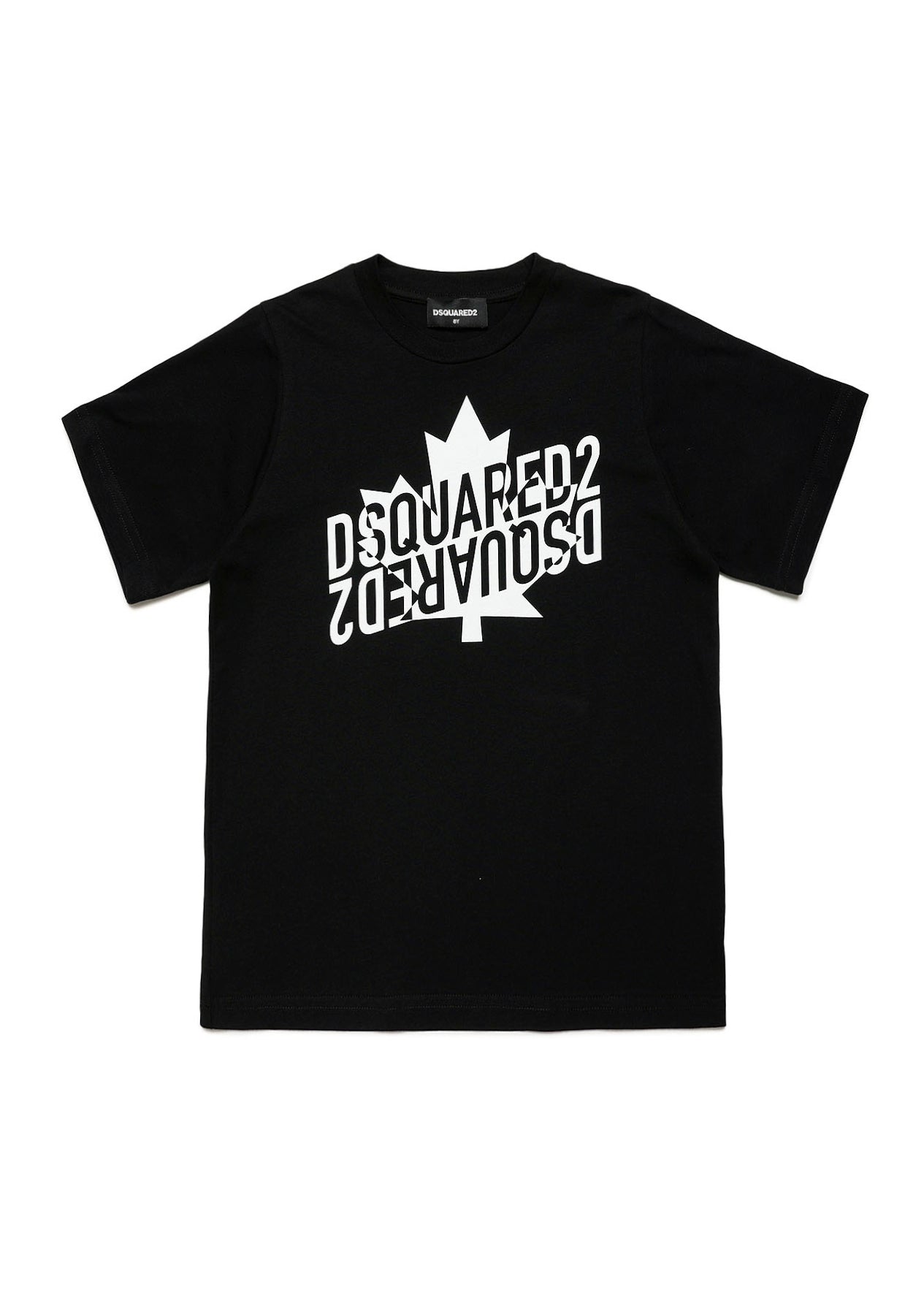 T-shirt Girocollo DSquared2 Kids Nera con Stampa Foglia d'Acero e Logo Specchiato | Vestibilità Slouch Fit"