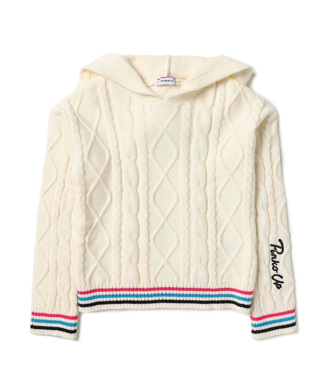 Maglione con Cappuccio in Lana Intrecciata Pinko Kids: Eleganza Bianco Crema con Maglia a Trecce e Dettagli Chic