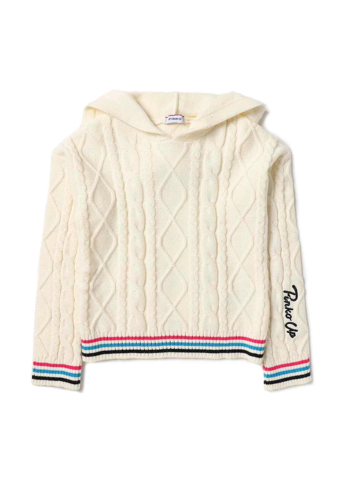 Maglione con Cappuccio in Lana Intrecciata Pinko Kids: Eleganza Bianco Crema con Maglia a Trecce e Dettagli Chic