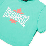 Dsquared2 Kids T-shirt Verde Acqua Cropped con Logo Grafica Leaf