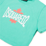 Dsquared2 Kids T-shirt Verde Acqua Cropped con Logo Grafica Leaf