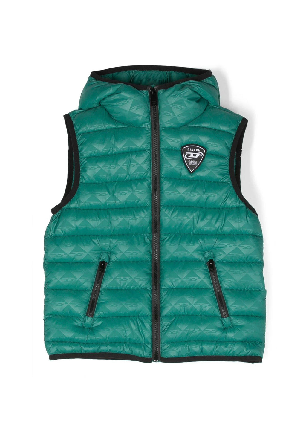 Diesel Kids Gilet Jkop Trapuntato Con Cappuccio e Stampa Monogram All-Over Verde