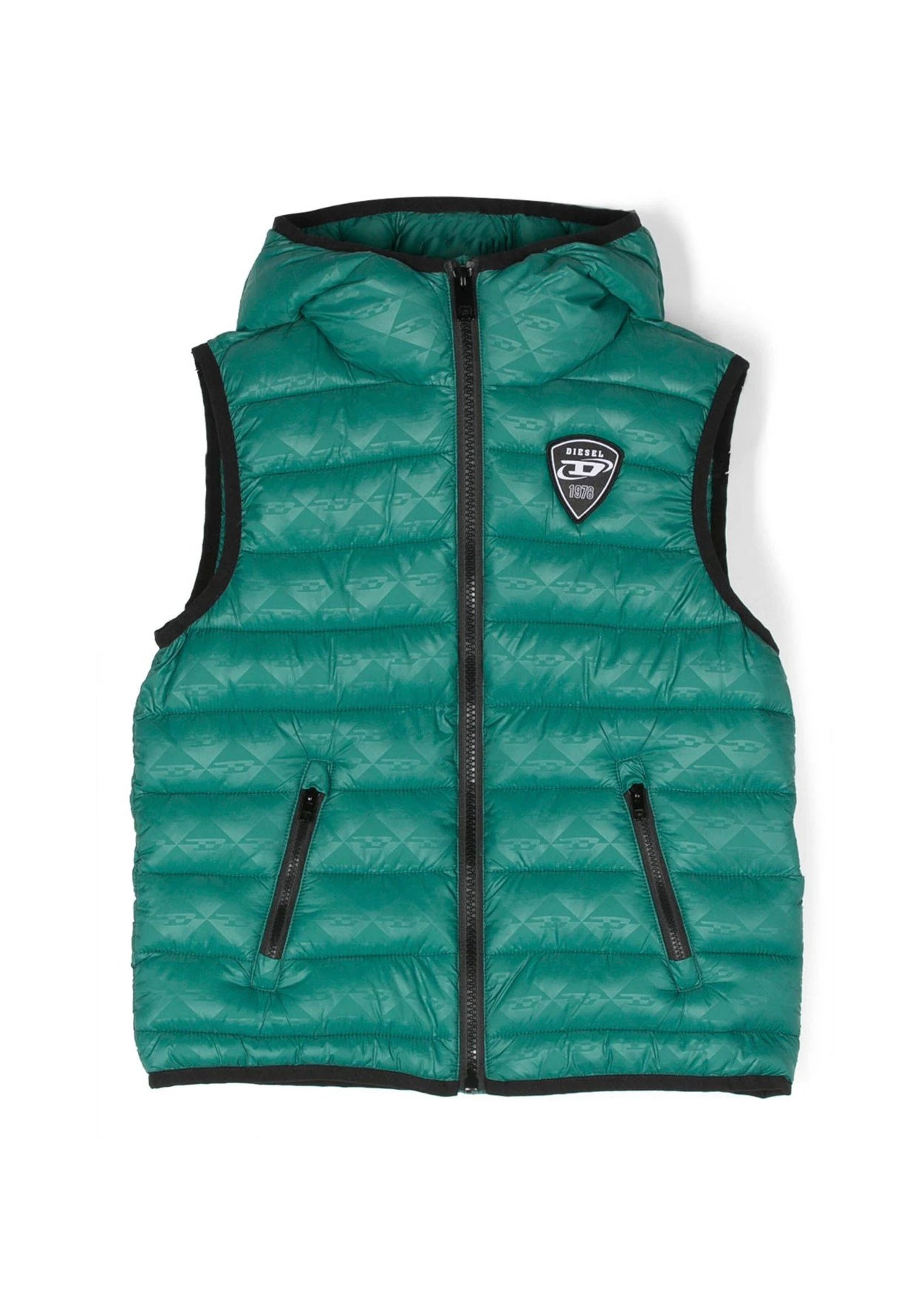 Diesel Kids Gilet Jkop Trapuntato Con Cappuccio e Stampa Monogram All-Over Verde