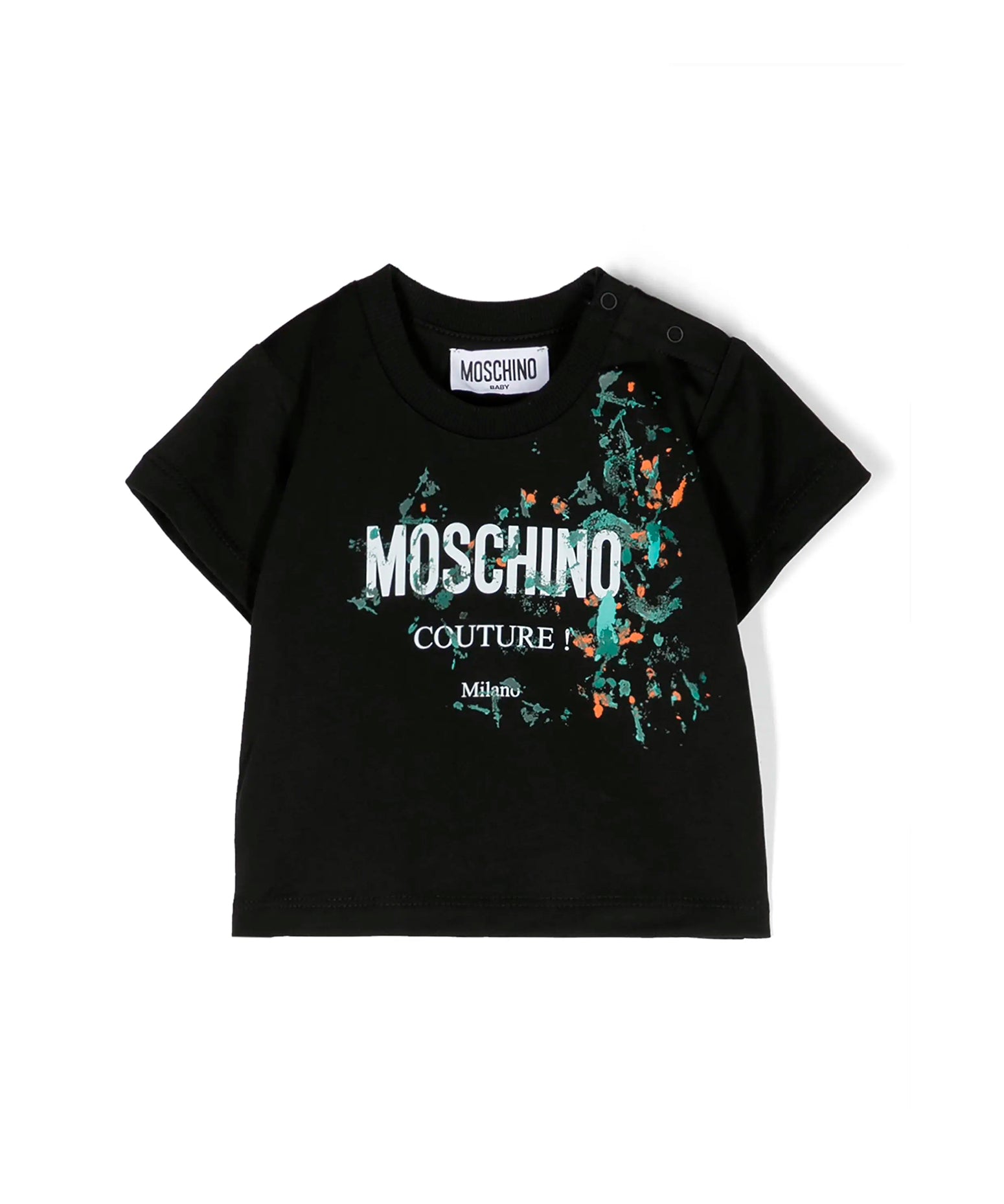 Moschino Kids T-shirt Nera con Stampa Vernice per Neonati