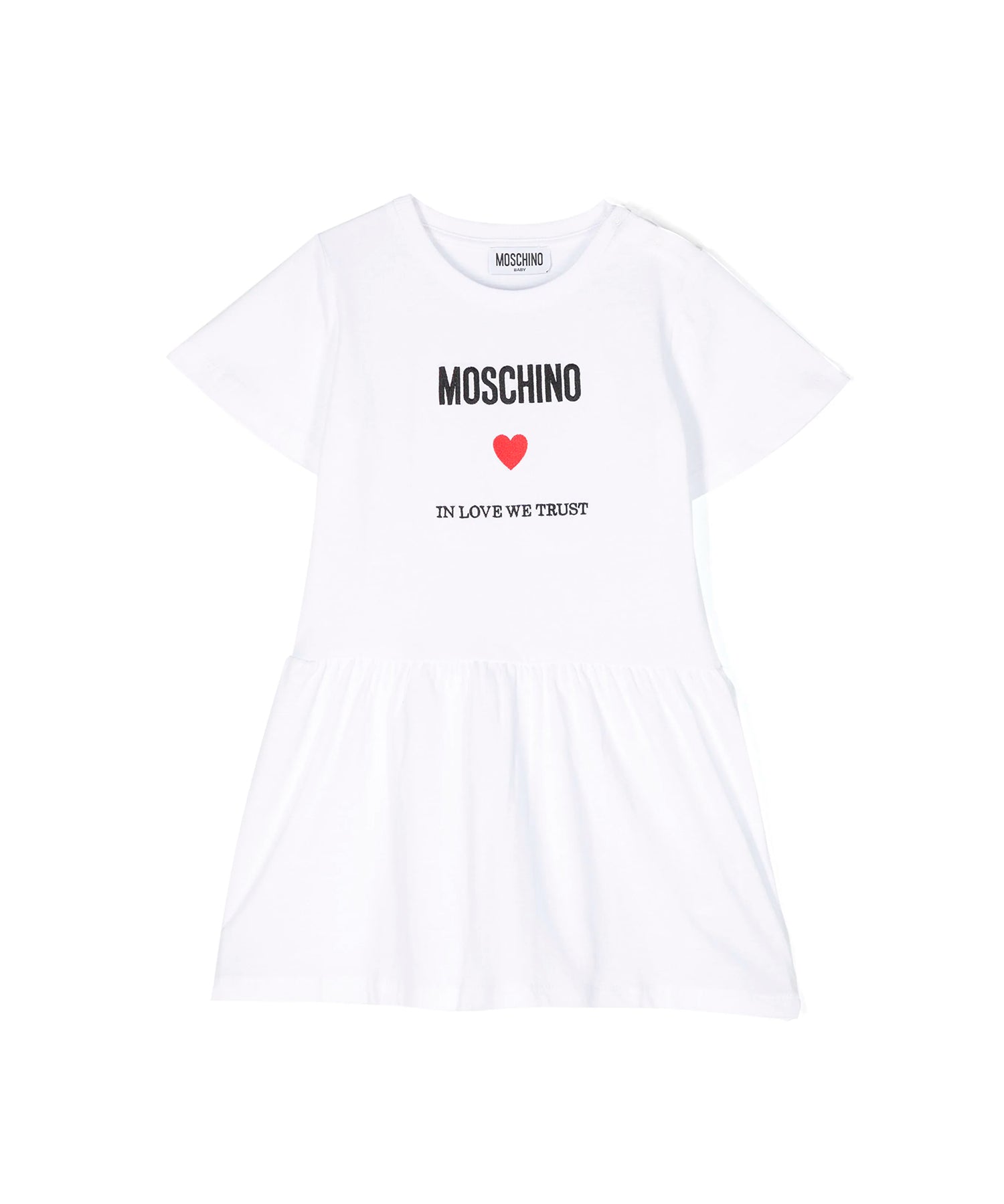 Moschino Kids Abito Svasato in Morbido Jersey Bianco per Neonate