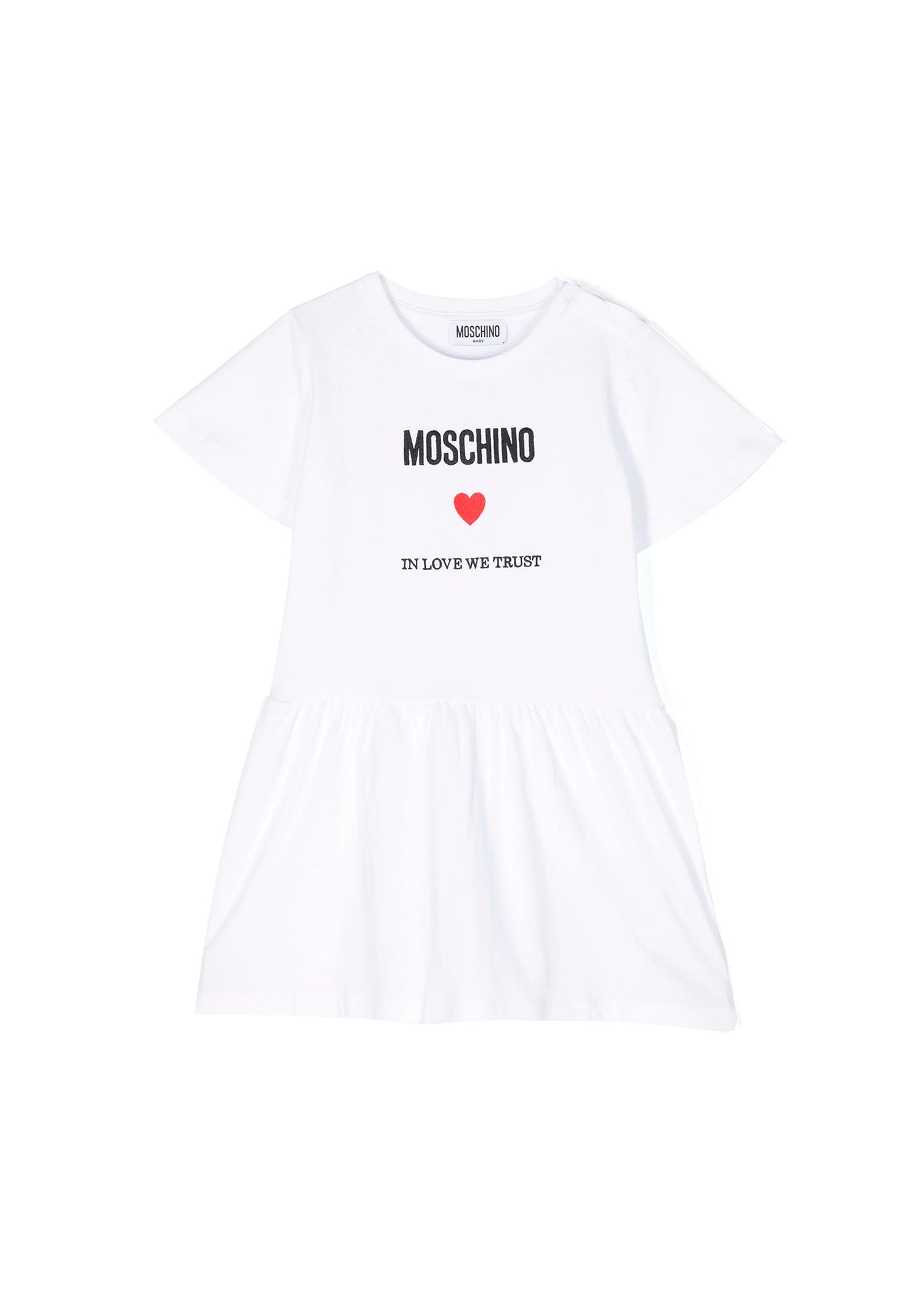 Moschino Kids Abito Svasato in Morbido Jersey Bianco per Neonate