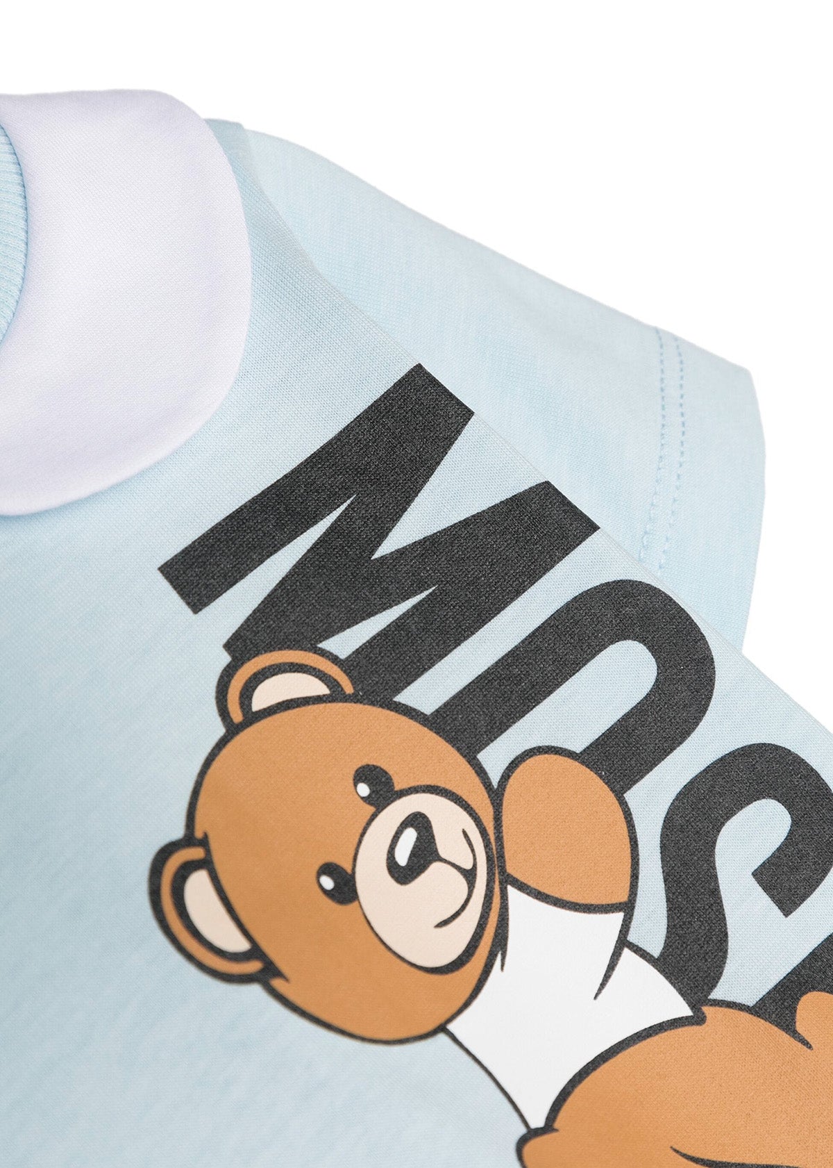 Moschino Kids Pagliaccetto Celeste con Stampa Teddy Bear