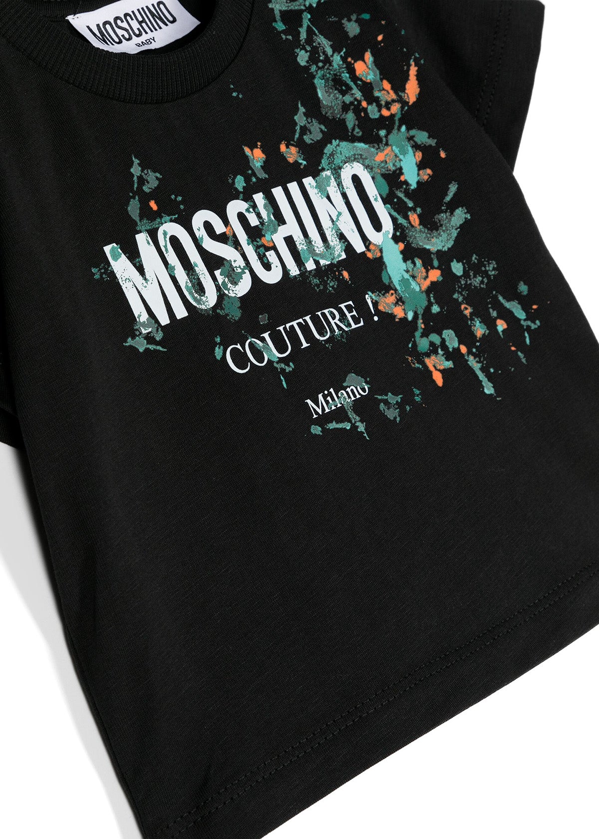 Moschino Kids T-shirt Nera con Stampa Vernice per Neonati